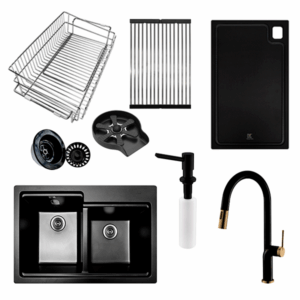 COMBO BLACK Tarja de Cuarzo color negro equipada, con monomando