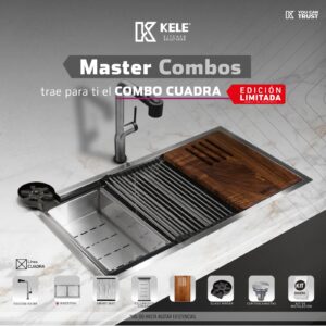 COMBO CUADRA Tarja Cuadra equipada, monomando y Glass Rinser